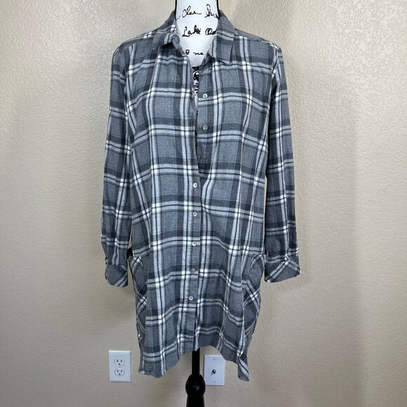 Zara  gray plaid tunic top button up collar flannel long sleeve academia size L - Picture 9 of 16